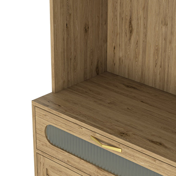 English Elm 67'' Tall Pantry Buffet Cabinet with Glass Doors, Wine Glass Rack, 150lb Load, Dust-Proof Wood Finish W2227P156035