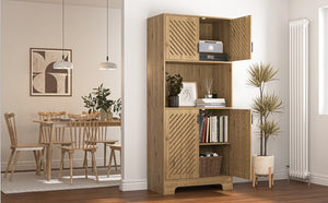 English Elm 71" Tall Farmhouse Kitchen Pantry Cabinet with Built-In Outlet, Microwave Stand, Drawers & Shelves for Stylish Wood Storage and Counter Space in Dining Room W2227P156038