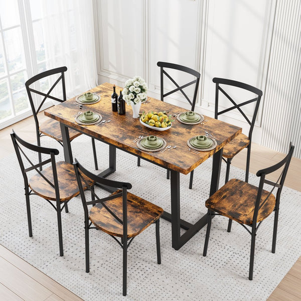 English Elm 7 7-Piece Dining Set Brown MDF & Metal Modern Kitchen Table with 6 Chairs Sturdy 22mm Board, 440lb Chair Capacity, Compact 52x28in Table for Breakfast Nook and Living Room W578S00006