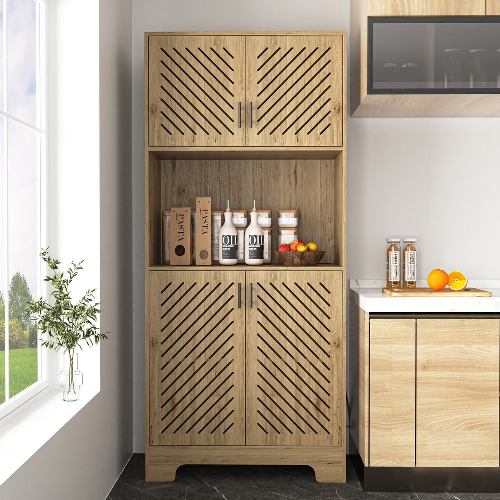 English Elm 71" Tall Farmhouse Kitchen Pantry Cabinet with Built-In Outlet, Microwave Stand, Drawers & Shelves for Stylish Wood Storage and Counter Space in Dining Room W2227P156038