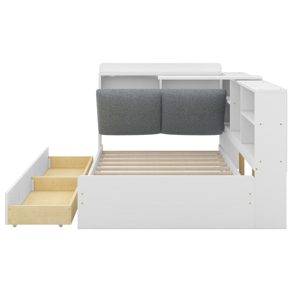 English Elm Wood Twin platform bed with storage headboard, shelves and 2 drawers for small spaces, sturdy frame White GX002031AAK