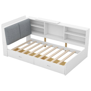 English Elm Wood Twin platform bed with storage headboard, shelves and 2 drawers for small spaces, sturdy frame White GX002031AAK