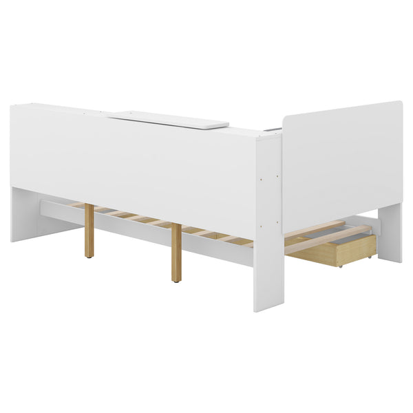 English Elm Wood Twin platform bed with storage headboard, shelves and 2 drawers for small spaces, sturdy frame White GX002031AAK