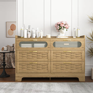 English Elm Wood 6 Drawer Dresser with Woven Top & Gold Handles, Slim MDF Storage Chest for Bedroom Hallway W2227P156061
