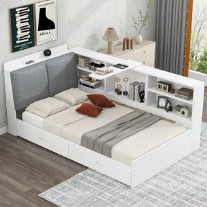English Elm Wood Twin platform bed with storage headboard, shelves and 2 drawers for small spaces, sturdy frame White GX002031AAK