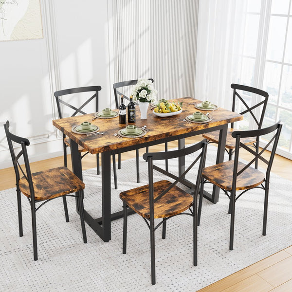 English Elm 7 7-Piece Dining Set Brown MDF & Metal Modern Kitchen Table with 6 Chairs Sturdy 22mm Board, 440lb Chair Capacity, Compact 52x28in Table for Breakfast Nook and Living Room W578S00006