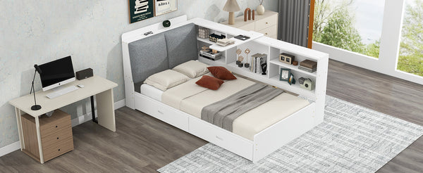 English Elm Wood Twin platform bed with storage headboard, shelves and 2 drawers for small spaces, sturdy frame White GX002031AAK