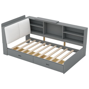 English Elm Wood Twin platform bed with storage headboard, shelves and 2 drawers for small spaces, sturdy frame Antique Gray GX002031AAE