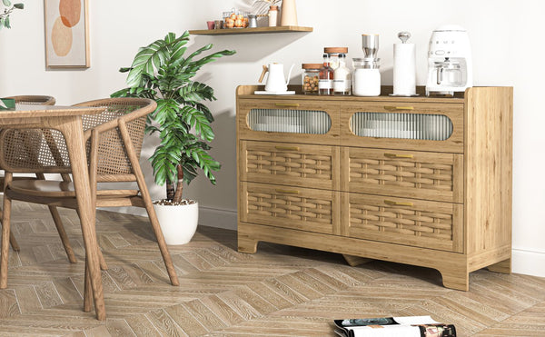 English Elm Wood 6 Drawer Dresser with Woven Top & Gold Handles, Slim MDF Storage Chest for Bedroom Hallway W2227P156061