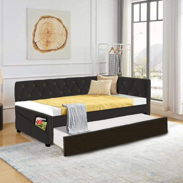 English Elm BLACK Velvet Upholstered Twin Daybed Corner with Removable Trundle, Studded Detail, Pockets & Wheels W1867S00006