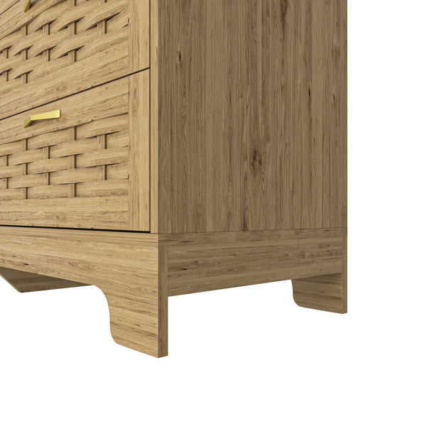 English Elm Wood 6 Drawer Dresser with Woven Top & Gold Handles, Slim MDF Storage Chest for Bedroom Hallway W2227P156061