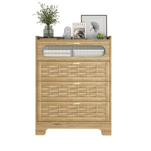 English Elm Wood 4 Drawer Dresser with Wide Ball-Bearing Drawers, Woven Top & Gold Handles, Slim Storage Chest (39"L) W2227P156063