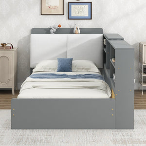 English Elm Wood Twin platform bed with storage headboard, shelves and 2 drawers for small spaces, sturdy frame Antique Gray GX002031AAE