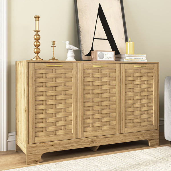 English Elm Storage Cabinet Wood Sideboard with 3 Doors, Adjustable Shelf, Anti-Tip, Gold Handles, 51" long W2227P156055