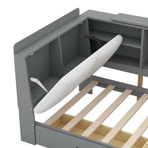 English Elm Wood Twin platform bed with storage headboard, shelves and 2 drawers for small spaces, sturdy frame Antique Gray GX002031AAE