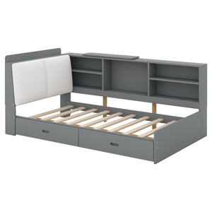 English Elm Wood Twin platform bed with storage headboard, shelves and 2 drawers for small spaces, sturdy frame Antique Gray GX002031AAE