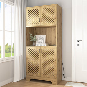 English Elm 71" Tall Farmhouse Kitchen Pantry Cabinet with Built-In Outlet, Microwave Stand, Drawers & Shelves for Stylish Wood Storage and Counter Space in Dining Room W2227P156038