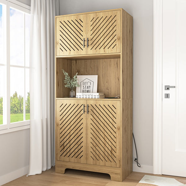 English Elm 71" Tall Farmhouse Kitchen Pantry Cabinet with Built-In Outlet, Microwave Stand, Drawers & Shelves for Stylish Wood Storage and Counter Space in Dining Room W2227P156038
