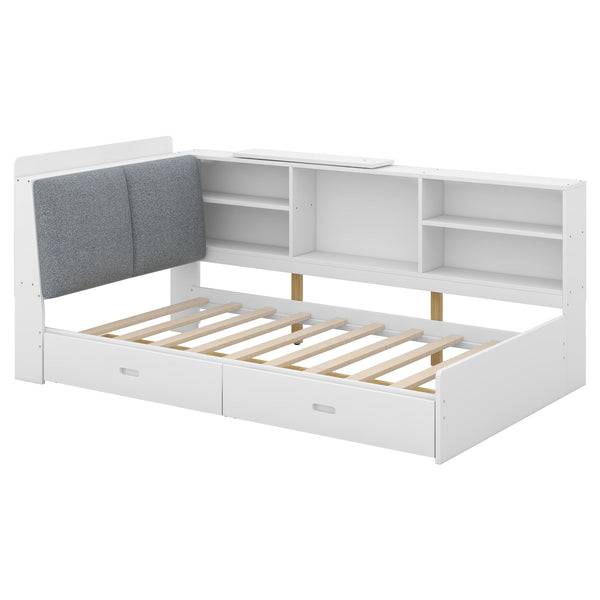 English Elm Wood Twin platform bed with storage headboard, shelves and 2 drawers for small spaces, sturdy frame White GX002031AAK