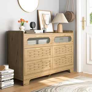 English Elm Wood 6 Drawer Dresser with Woven Top & Gold Handles, Slim MDF Storage Chest for Bedroom Hallway W2227P156061