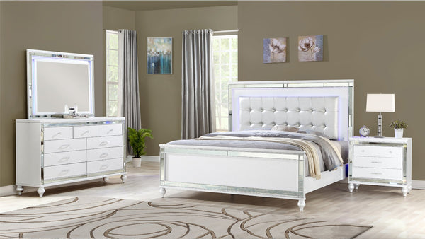 English Elm STERLING Glamour Elegance 4PC King Bedroom Set in White with LED Headboard, Mirror & Gold Accents 808857764690