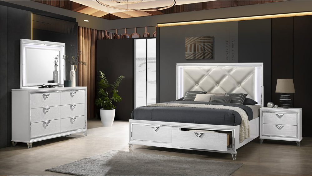 English Elm Modern Prism King 4PC Bedroom Set with LED Headboard, Mirror Accents, V-Handle Storage & Tufting B009S01226