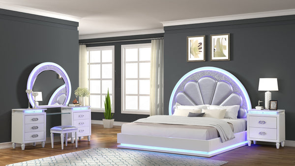 English Elm Perla Glamorous 4-Pc LED Bedroom Set with Channel Tufted Headboard, Crystal Accents & Storage 659436133365
