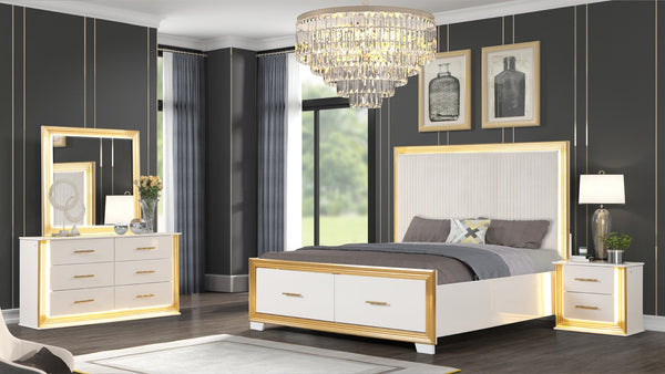 English Elm Obsession Contemporary 4Pc Queen Bedroom Set With Led Lighting & Gold Finish For Modern Elegance B009S02125