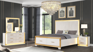 English Elm Obsession Contemporary 4Pc Queen Bedroom Set With Led Lighting & Elegant Gold Finish For Luxe Style B009S01279