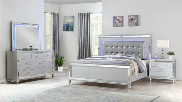 English Elm STERLING Glamour Elegance 4PC Queen Bedroom Set with LED Headboard, Mirror Accents & Gold Trim (Silver) 808857711342