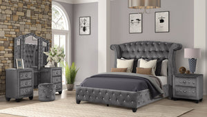 English Elm Modern Sophia Crystal Tufted Queen 4PC Vanity Set Gray Velvet Upholstered Bed with Glam Storage 733569234608