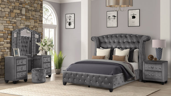 English Elm Modern Sophia Crystal Tufted Queen 4PC Vanity Set Gray Velvet Upholstered Bed with Glam Storage 733569234608