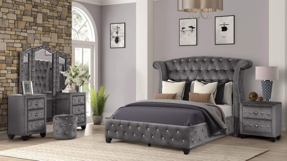 English Elm Modern Crystal Tufted King Bedroom Set - 4 Piece Velvet Upholstery With Nightstand & Vanity Options 733569219346