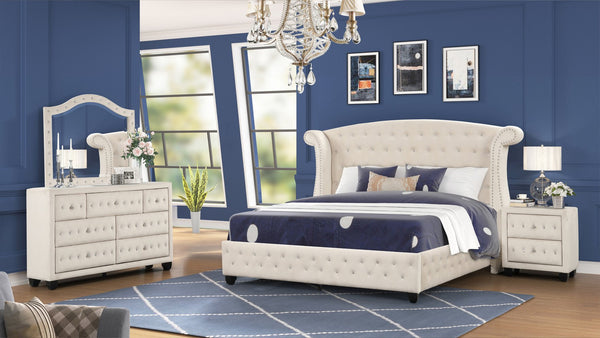 English Elm Queen Sophia Crystal Tufted 4-Pc Bedroom Set Cream — Luxurious Wood Construction, Glam Drawer Accents B009S01033