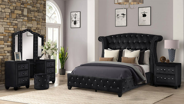 English Elm SOPHIA Full 4 Pc Vanity Upholstery Bedroom Set in Black with Crystal Tufted Glam Headboard & Storage B009S01978