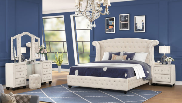 English Elm Sophia Crystal Tufted Queen Bedroom Set - Elegant 4 Pc Vanity Collection In Cream Wood Finish B009S01968-GIGA
