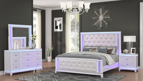 English Elm OPIUM King 4-Pc Bedroom Set in Milky White with LED Headboard, Dresser, Mirror & Nightstand Elegance B009S02127