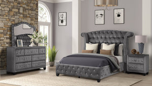 English Elm Modern Crystal Tufted Queen 4-Piece Velvet Bedroom Set With Nightstand, Dresser & Mirror In Gray 733569215065