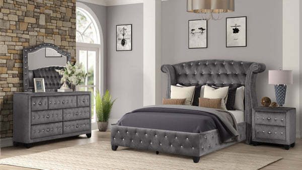 English Elm Modern Crystal Tufted Queen 4-Piece Velvet Bedroom Set With Nightstand, Dresser & Mirror In Gray 733569215065