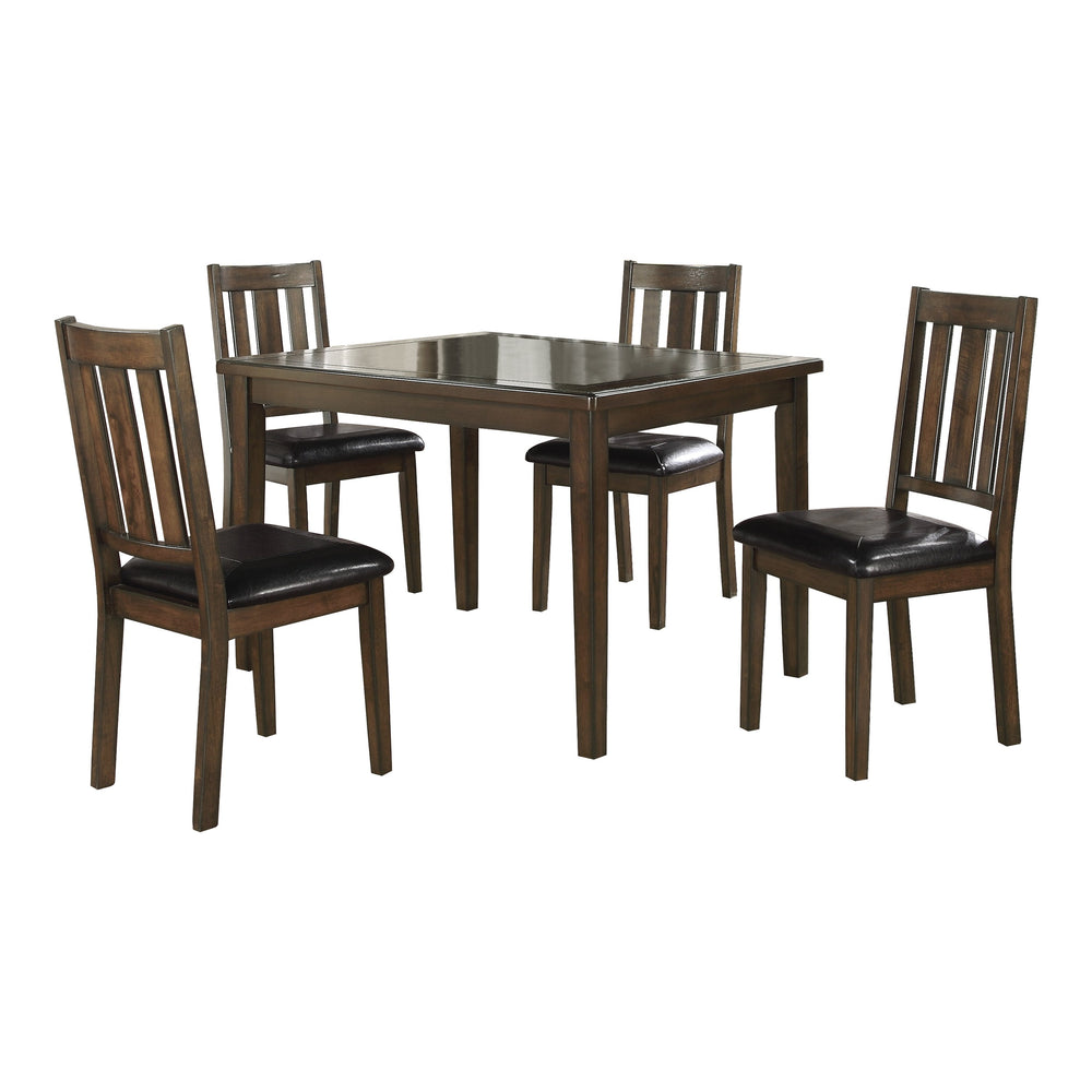 English Elm Dark Brown Cherry Mosely 5pc Dining Set with Routed Table Vertical Slat Chairs Black Faux Leather Upholstery 47.5"x35.5" B011P170669
