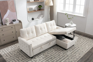 English Elm 77 77 Inch Reversible Sectional Storage Sleeper Sofa Bed with Chaise, Velvet Beige, Nail-Arm Detail, Convertible Guest Bed and Large Hidden Storage W1203P146254