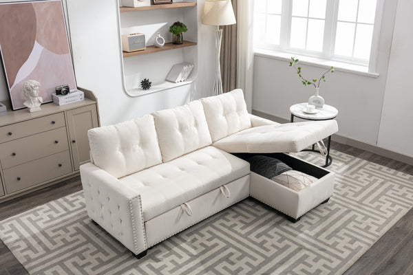 English Elm 77 77 Inch Reversible Sectional Storage Sleeper Sofa Bed with Chaise, Velvet Beige, Nail-Arm Detail, Convertible Guest Bed and Large Hidden Storage W1203P146254