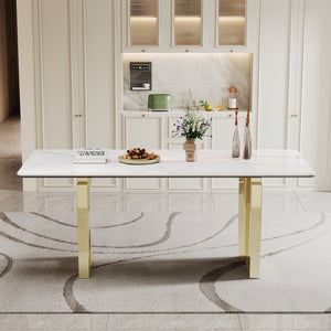 English Elm 0.47" Sintered Stone Glass Top Rectangular Dining Table with Polished Steel Base Seats Six W1311S00175