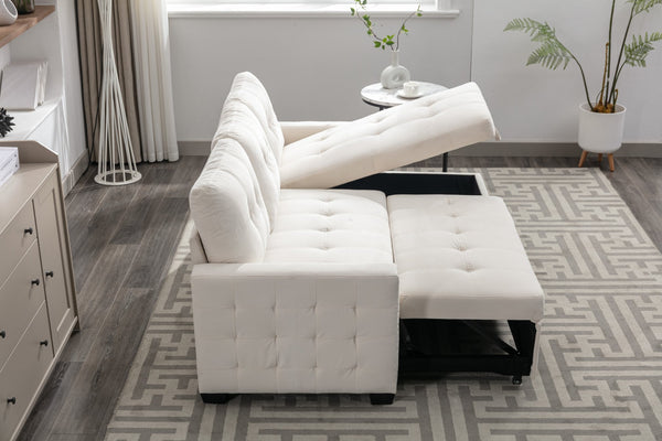 English Elm 77 77 Inch Reversible Sectional Storage Sleeper Sofa Bed with Chaise, Velvet Beige, Nail-Arm Detail, Convertible Guest Bed and Large Hidden Storage W1203P146254