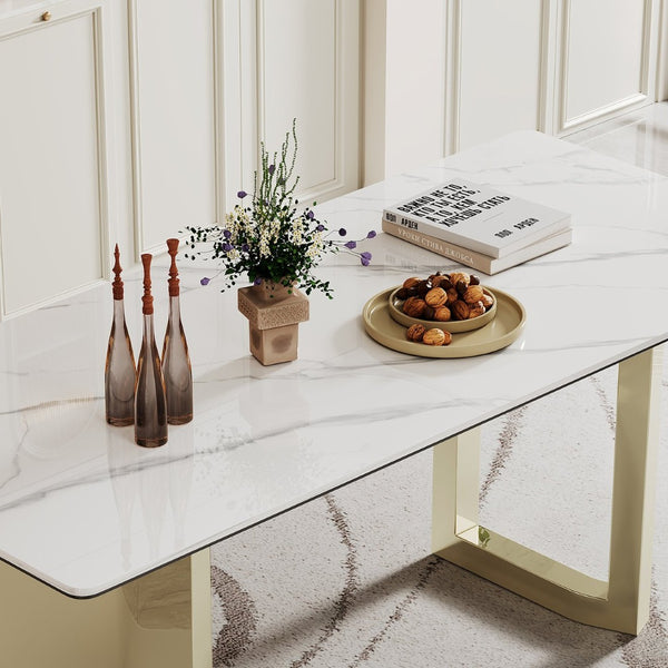 English Elm 0.47" Sintered Stone Glass Top Rectangular Dining Table with Polished Steel Base Seats Six W1311S00175