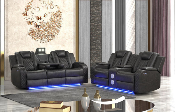 English Elm Benz Power Recliner 2PC Set in Gray Faux Leather with LED Lights, Bluetooth, USB, Console & Cupholders 659436248144
