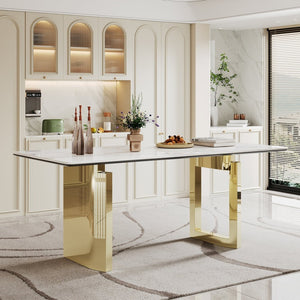 English Elm 0.47" Sintered Stone Glass Top Rectangular Dining Table with Polished Steel Base Seats Six W1311S00175