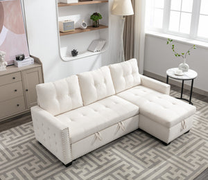 English Elm 77 77 Inch Reversible Sectional Storage Sleeper Sofa Bed with Chaise, Velvet Beige, Nail-Arm Detail, Convertible Guest Bed and Large Hidden Storage W1203P146254