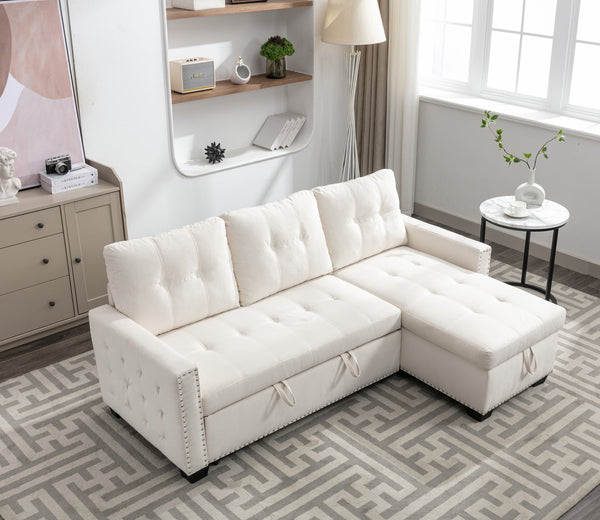 English Elm 77 77 Inch Reversible Sectional Storage Sleeper Sofa Bed with Chaise, Velvet Beige, Nail-Arm Detail, Convertible Guest Bed and Large Hidden Storage W1203P146254