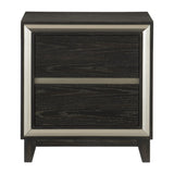 Modern Bedroom Nightstand with 2 Drawers, Grooves, Cutouts, Pulls, Ebony Finish, Silver Accents